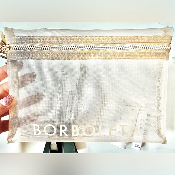BORBOLETA Mesh Zip Travel Pouch with Travel Size Products, Beige - Picture 1 of 15